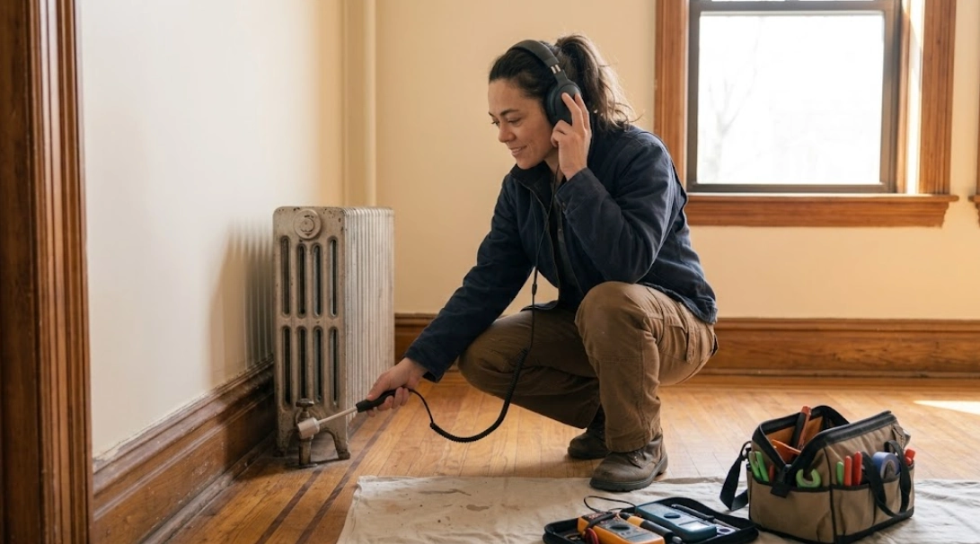 Acoustic and electronic hidden water leak detection equipment in Downtown Brooklyn apartment