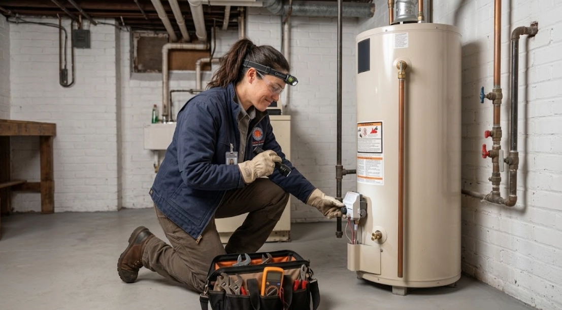 Water heater repair and testing in Downtown Brooklyn residential mechanical room